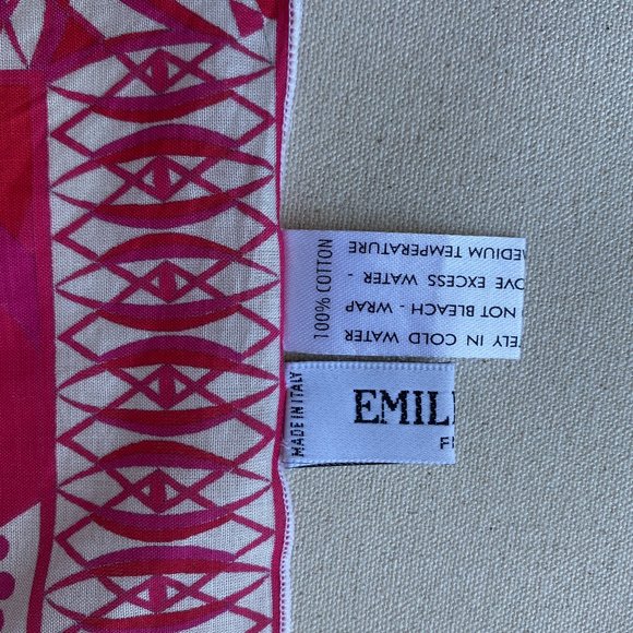 Emilio Pucci Red, White Pink Abstract Breast Cancer 17 Inch Square Cotton Scarf - Picture 7 of 8